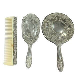 Vintage Silver Plated Vanity Set Heavy Repoussé Floral Mirror Brush Comb